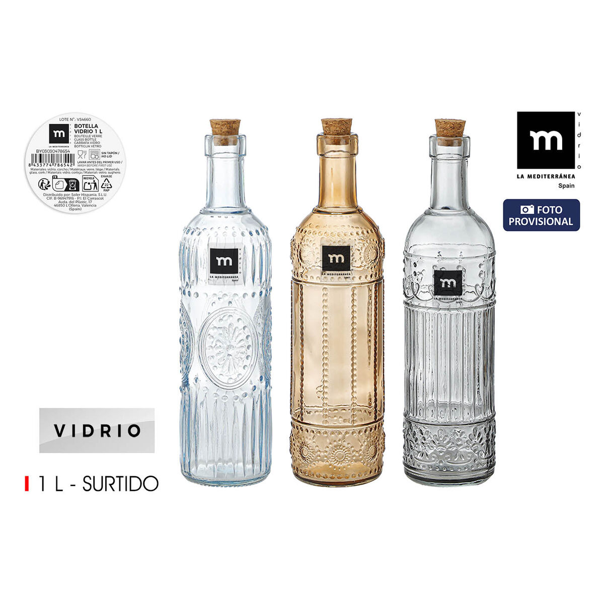 Glass Bottle La Mediterránea Cork Glass 1 L (12 Units)