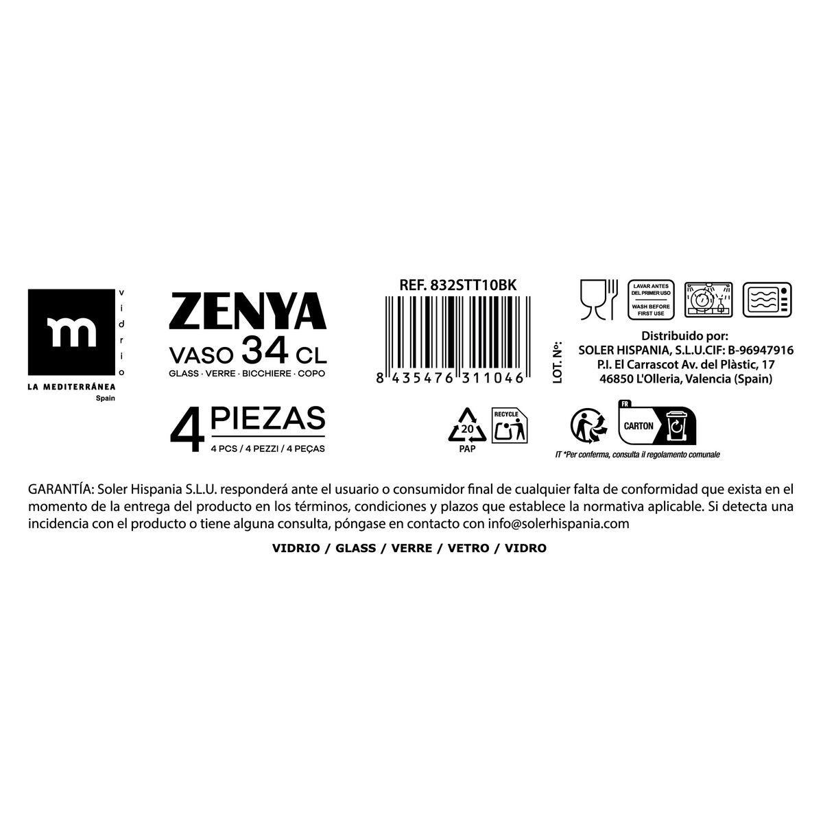 Set of glasses La Mediterránea Zenya Transparent Glass 340 ml 4 Pieces (6 Units), view 4
