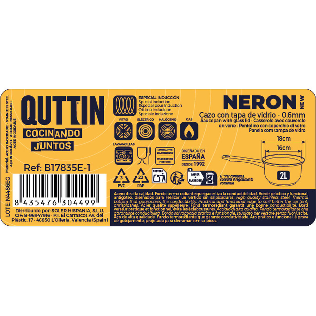 Saucepan with Lid Quttin New neron Silver Steel Ø 16 cm 2 L 33 x 17,5 x 10 cm (4 Units), view 2