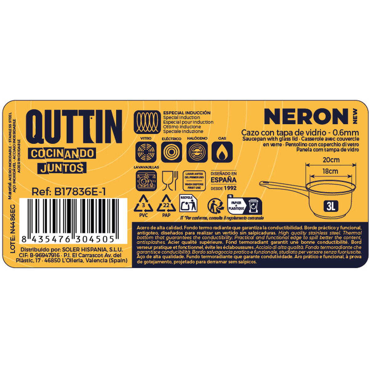 Saucepan with Lid Quttin New neron Steel Ø 18 cm 3 L 35 x 19,5 x 10,5 cm (4 Units), view 2