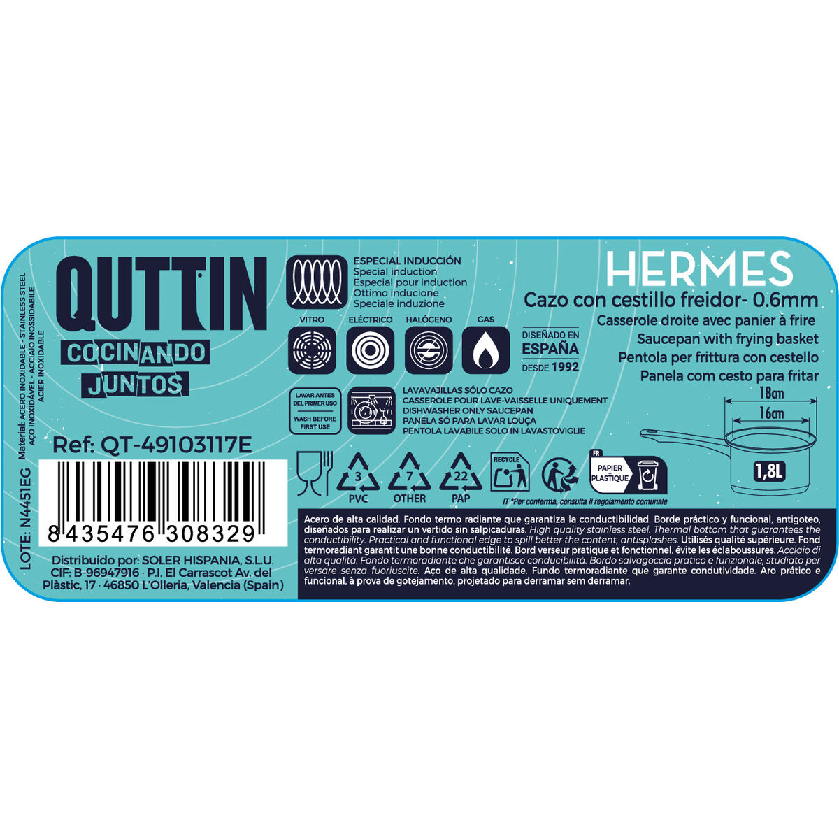 Saucepan Quttin Hermes Silver Ø 16 cm 1,8 L (4 Units), view 2
