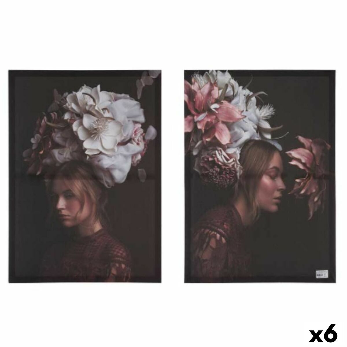Jeu de 2 tableaux Toile Femme Fleurs 70 x 50 x 1,5 cm (6 Unités)