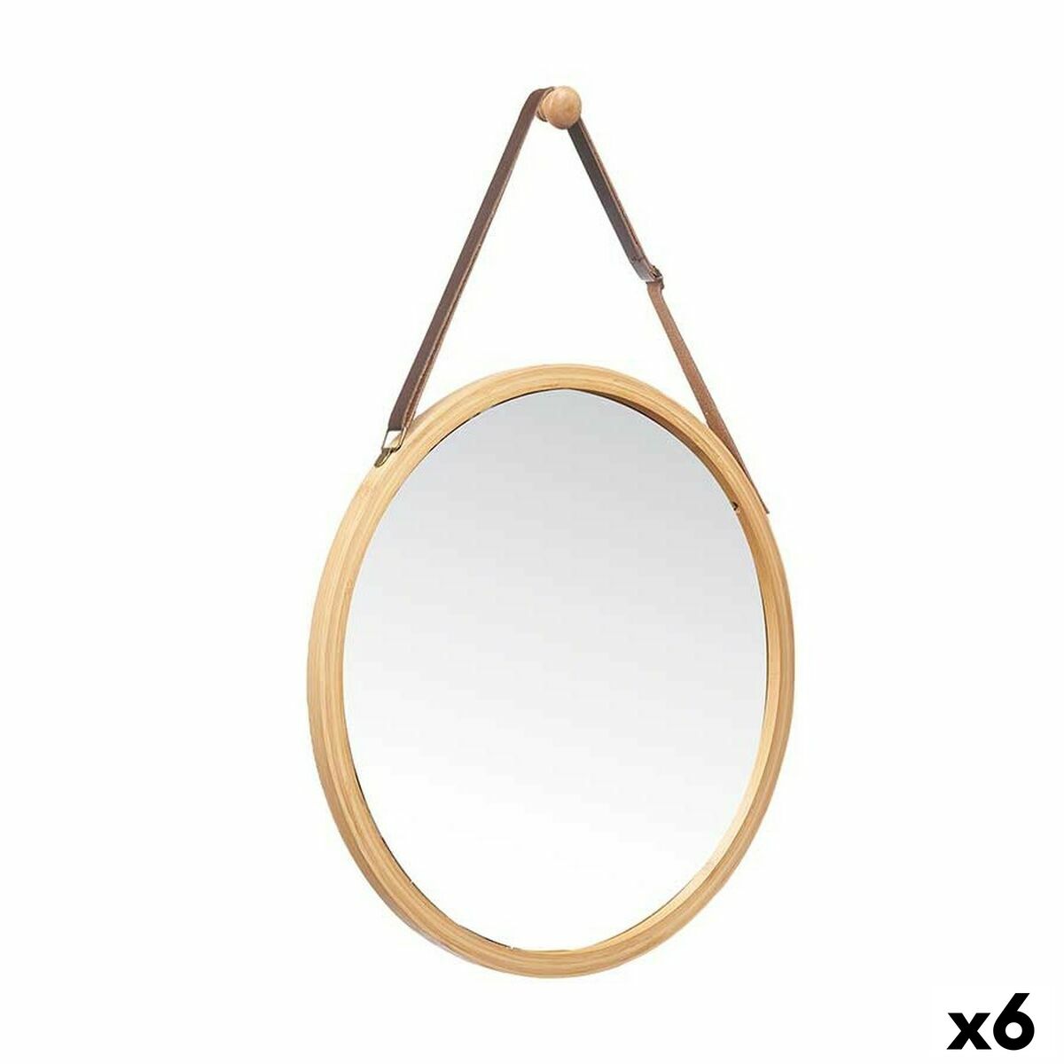 Miroir suspendu Naturel Cuir Bambou Rond 38 x 35 x 1,5 cm (6 Unités)