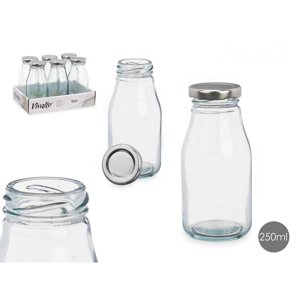 Glass Bottle Vivalto Transparent Silver PVC Metal Glass 250 ml (6 Units), view 2