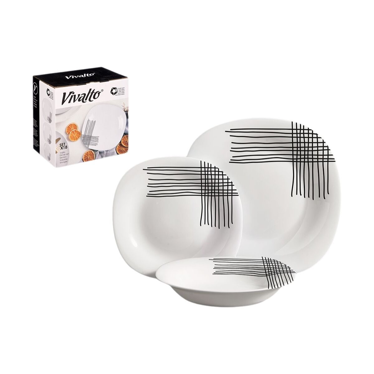 Tableware Vivalto White Black Opaline glass Stripes 18 Pieces (2 Units), view 3