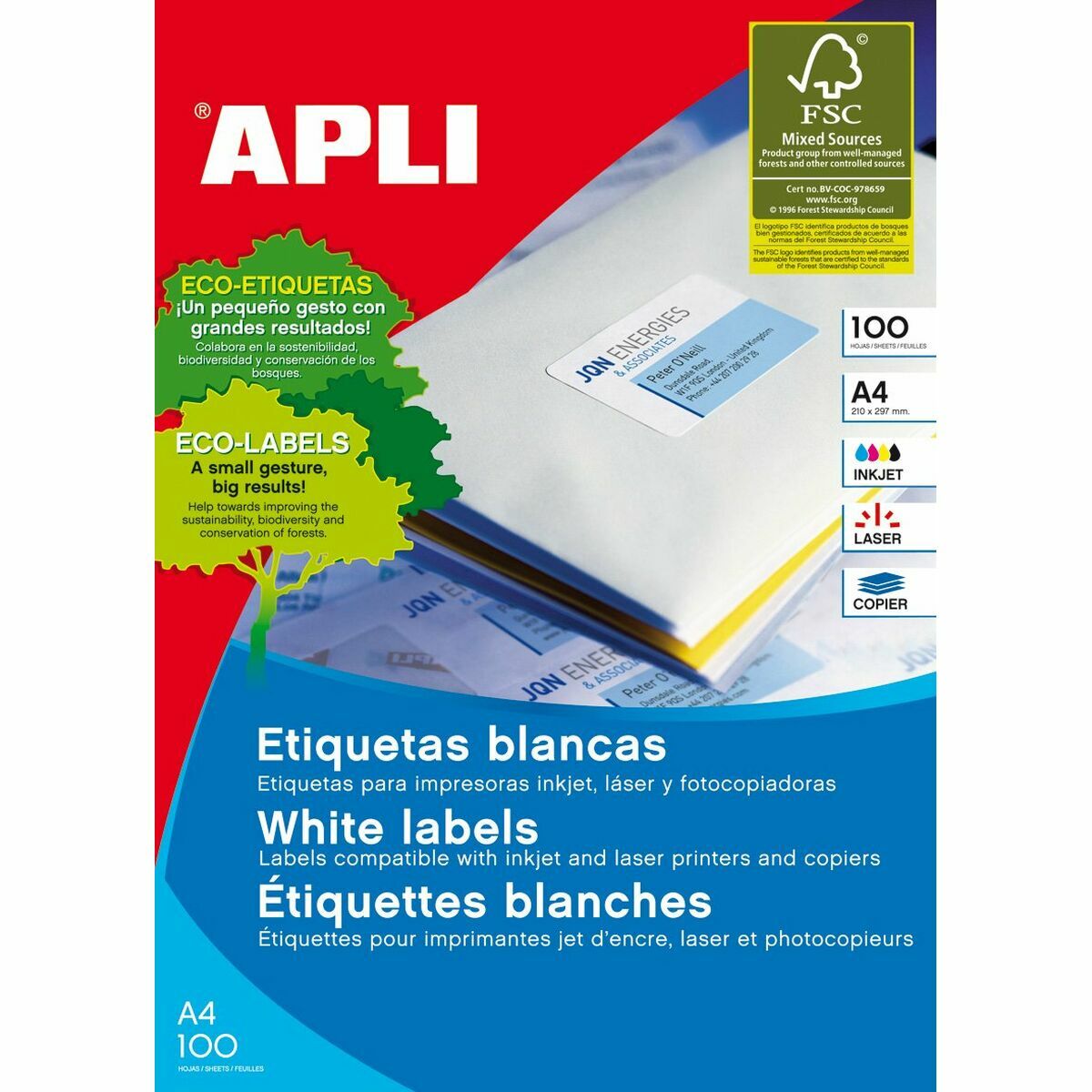 Étiquettes adhésives Apli 100 Volets 99,1 x 93,1 mm Blanc