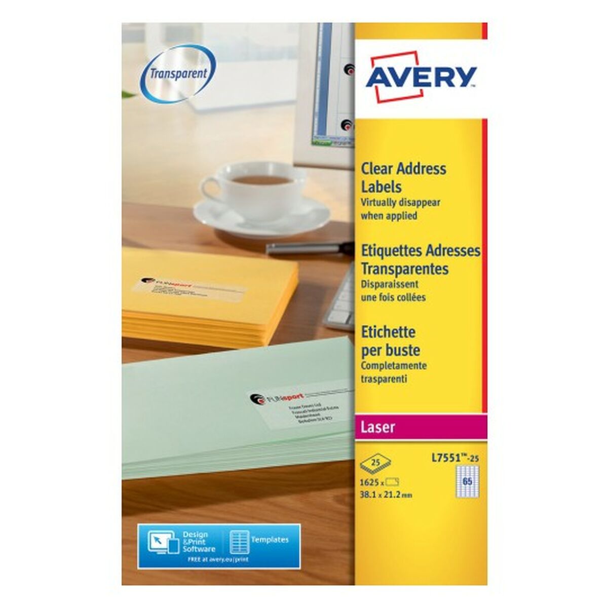 Étiquettes adhésives Avery 38,1 x 21,2 mm Transparent 210 x 297 mm 25 Volets