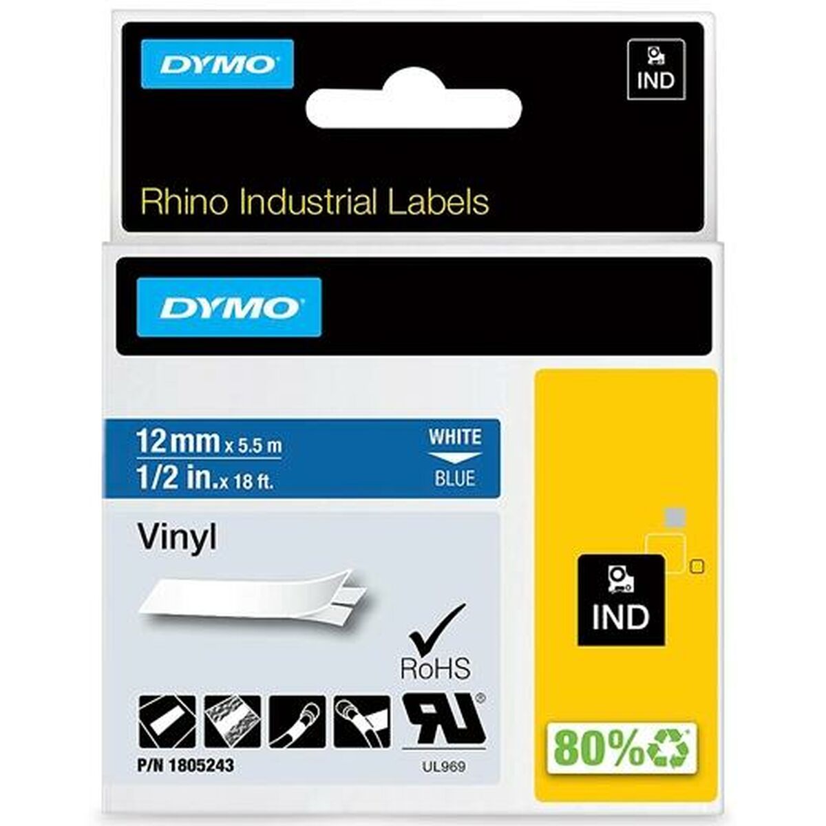 Picture of Laminated Tape for Labelling Machines Rhino Dymo ID1-12 Blue White 12 x 5,5 mm Self-adhesives Stick (5 Units)
