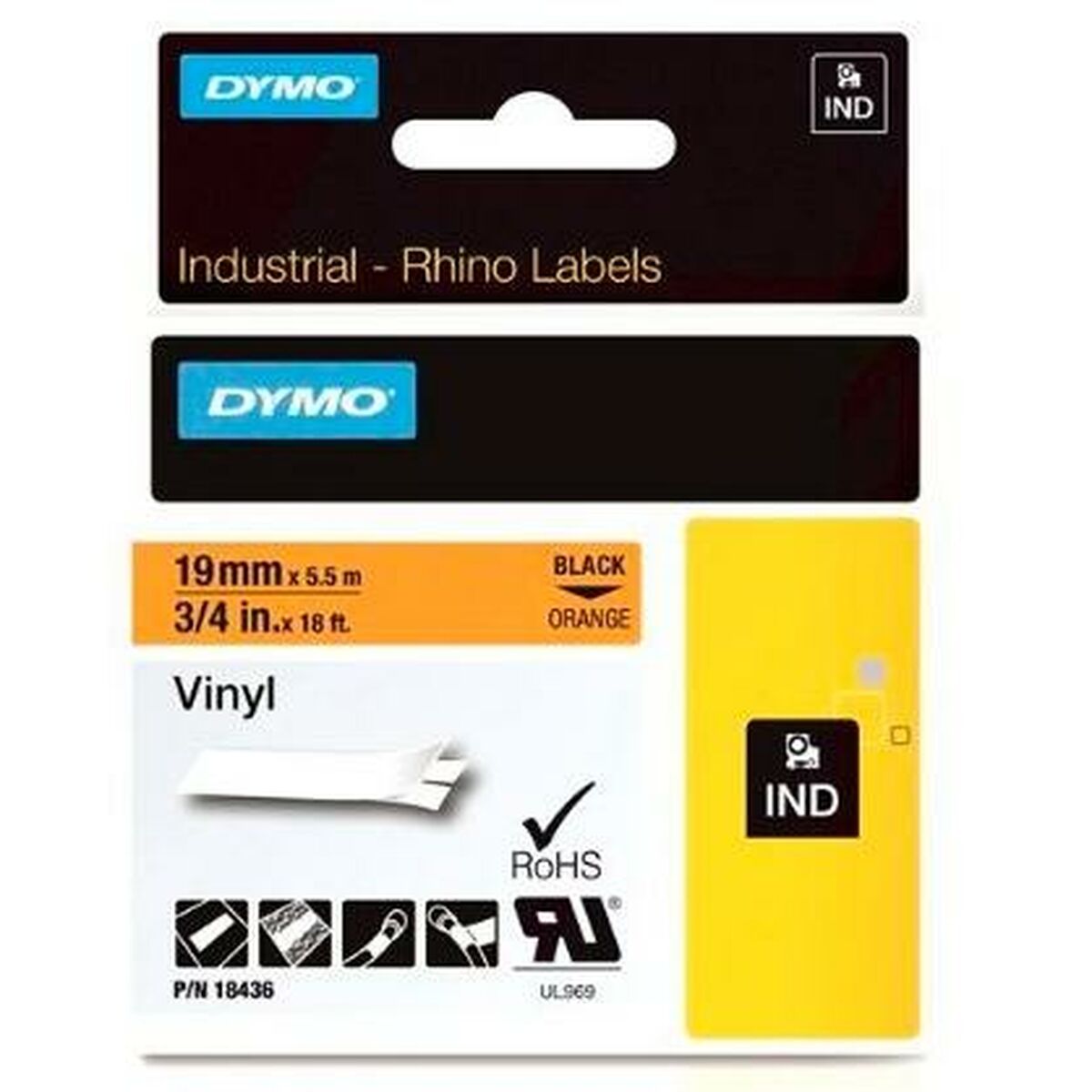 Afbeeldingen van Laminated Tape for Labelling Machines Rhino Dymo ID1-19 Black Orange 19 x 5,5 mm Self-adhesives Stick (5 Units)