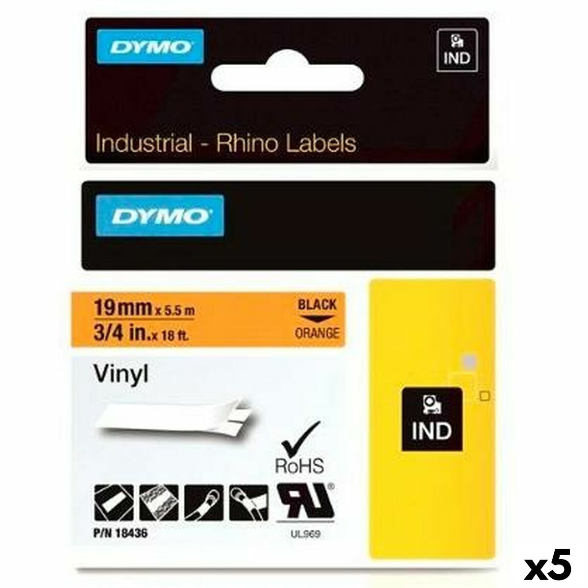 Afbeeldingen van Laminated Tape for Labelling Machines Rhino Dymo ID1-19 Black Orange 19 x 5,5 mm Self-adhesives Stick (5 Units)