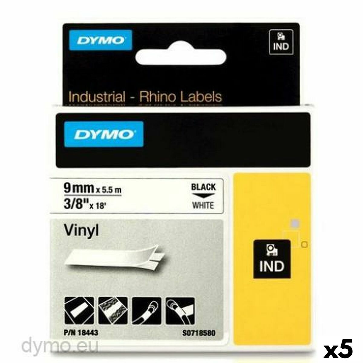Ruban Laminé pour Etiqueteuses Rhino Dymo ID1-9 9 x 5,5 mm Noir Blanc Autocollants (5 Unités)