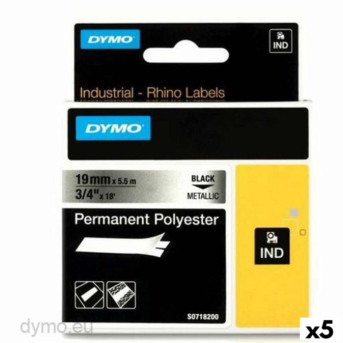 Afbeeldingen van Laminated Tape for Labelling Machines Rhino Dymo ID1-19 19 x 5,5 mm Black Grey Self-adhesives (5 Units)