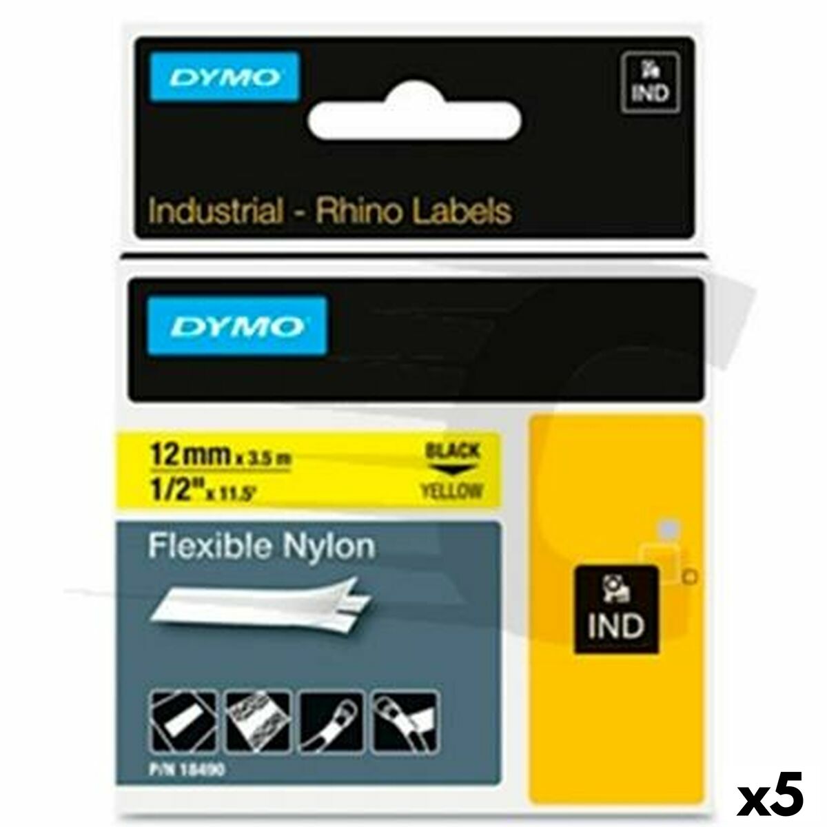 Ruban Laminé pour Etiqueteuses Rhino Dymo ID1-12 12 x 3,5 mm Noir Jaune Autocollants (5 Unités)