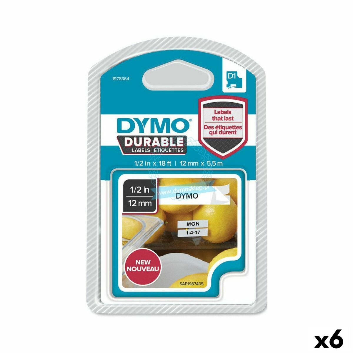 Ruban de transfert thermique Dymo 12 x 5,5 mm Noir Blanc (6 Unités)