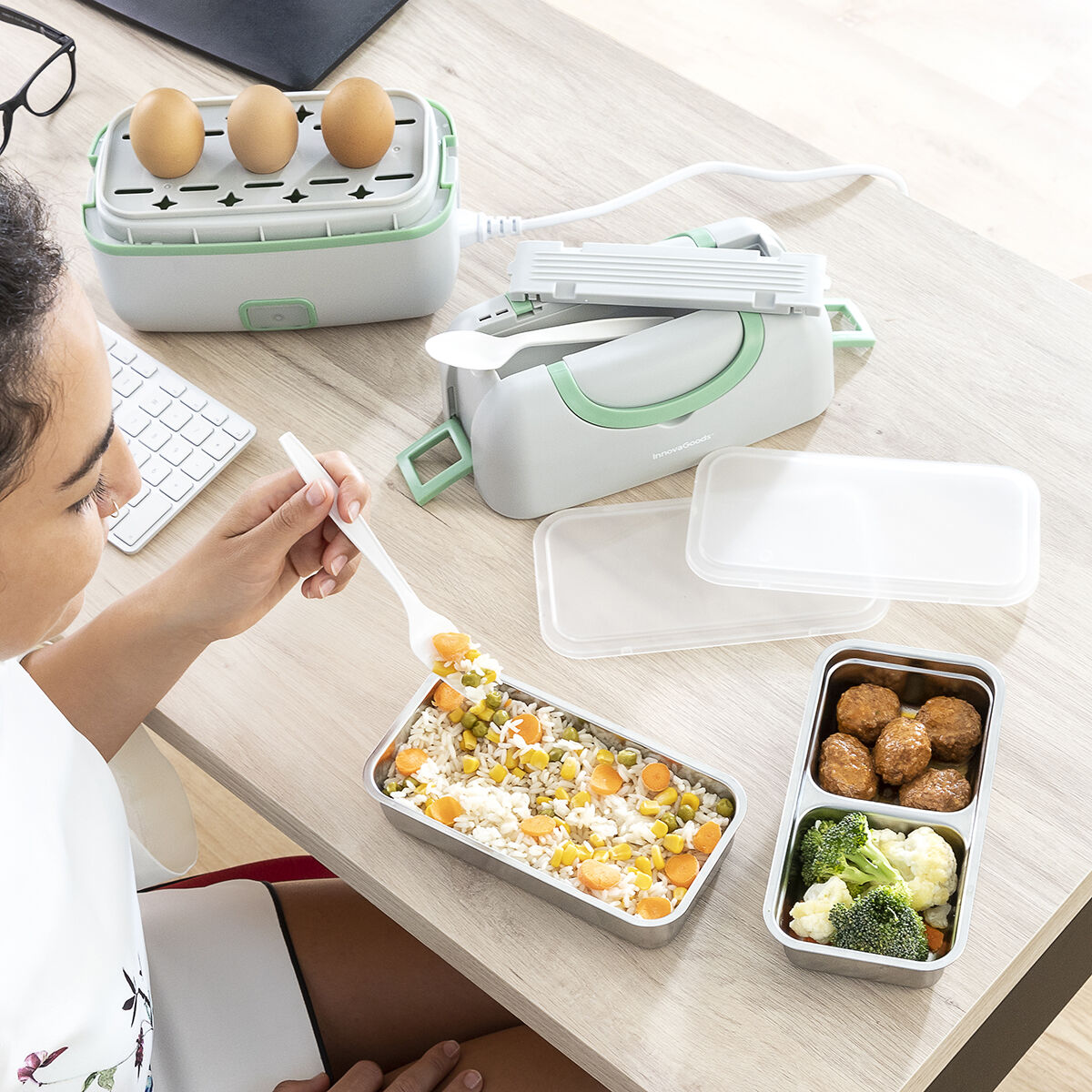 3-in-1 elektrische steamer lunchtrommel met recepten Beneam InnovaGoods