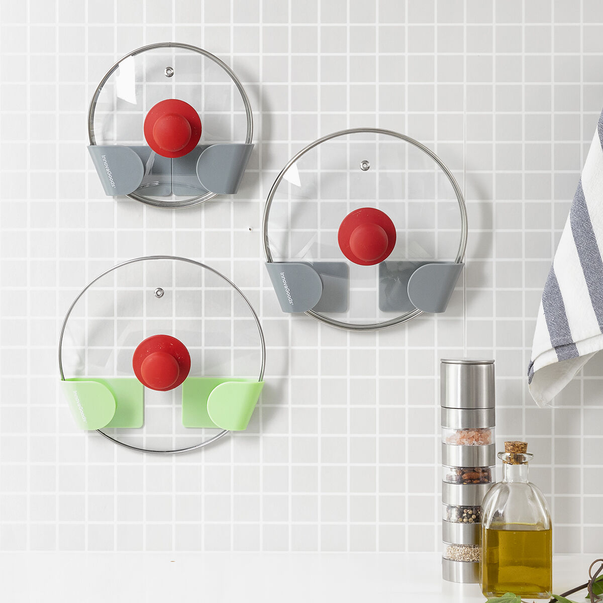 Set von 3 selbstklebenden Haltern für Topfdeckel Smarack InnovaGoods Modelo Smarack Grau (Restauriert B) - Thumbnail 2