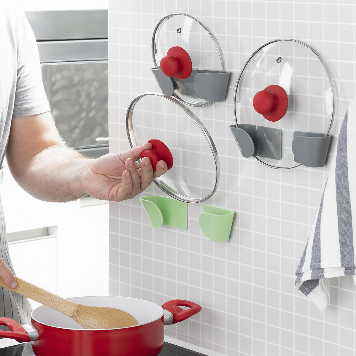 Set von 3 selbstklebenden Haltern für Topfdeckel Smarack InnovaGoods Modelo Smarack Grau (Restauriert B) - Thumbnail 5