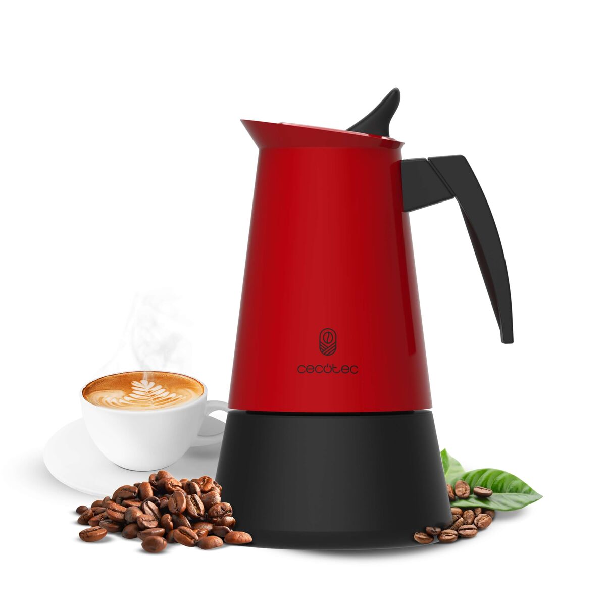 Cecotec Cafetera Italiana Piccolina 600 Roja, Acero Inox, 10 Tazas, Antigoteo