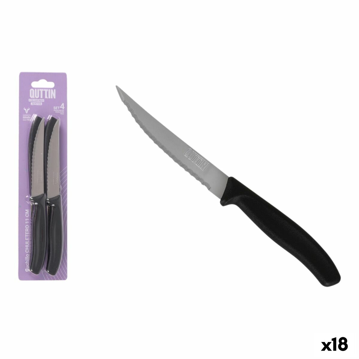 Ensemble de couteaux à viande Quttin Noir Argenté Acier inoxydable 11 cm 4 Pièces (18 Unités)
