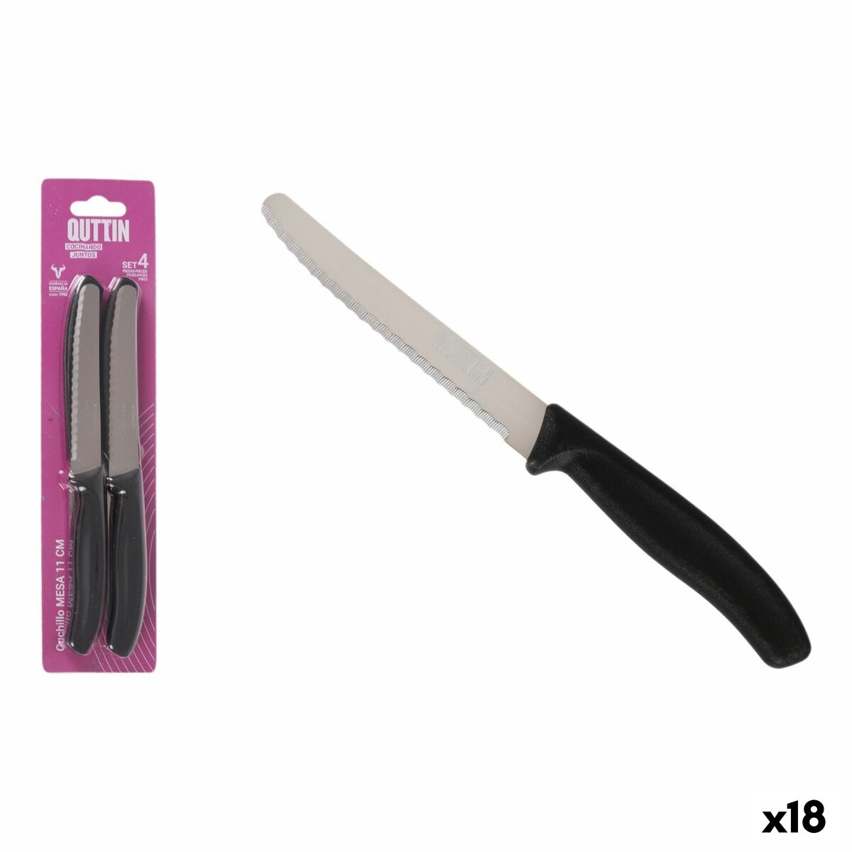 Ensemble de Couteaux Quttin Noir Argenté Acier inoxydable 11 cm 4 Pièces (18 Unités)