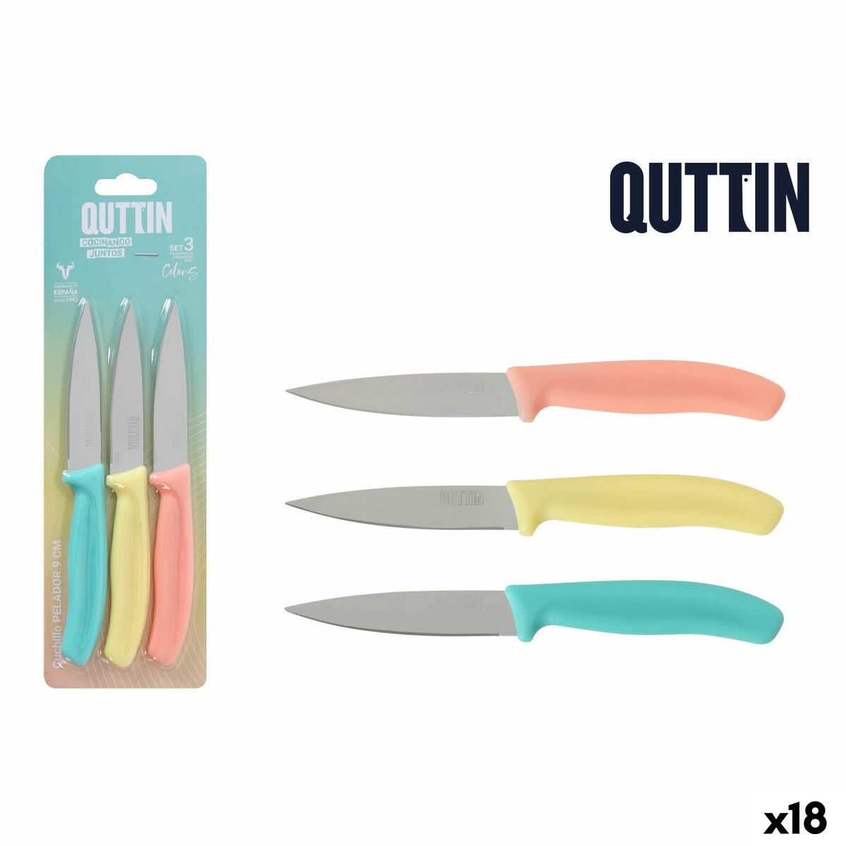 Image secondaire de Jeu de couteaux d'éplucheur Quttin Basic Multicouleur Acier inoxydable 9 cm 3 Pièces (18 Unités)