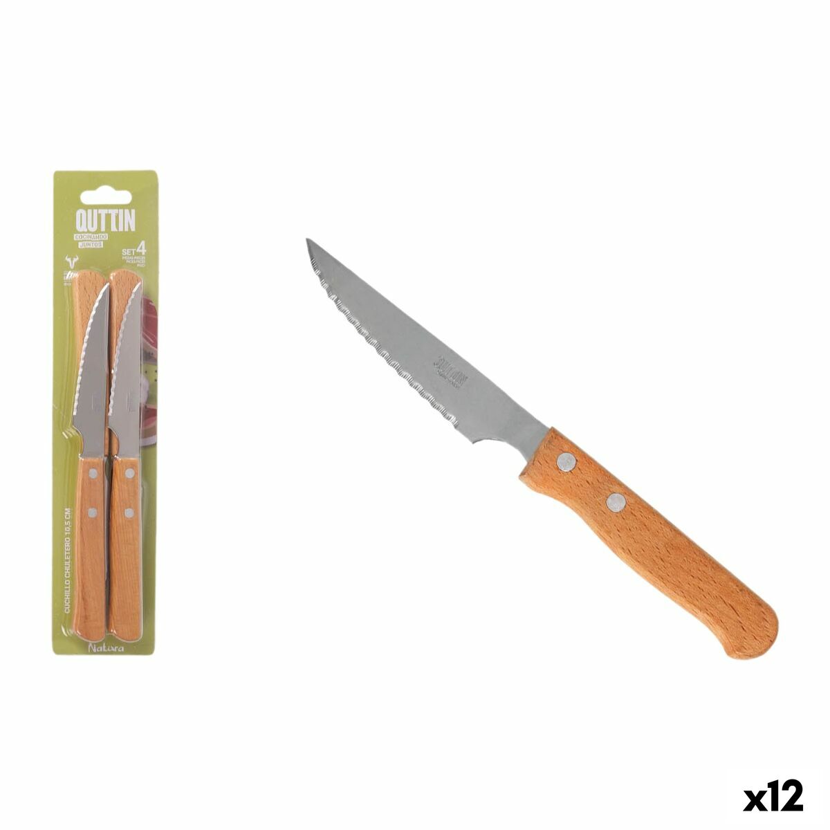 Ensemble de couteaux à viande Inde NATURA Marron Argenté 10,5 cm 4 Pièces (12 Unités)
