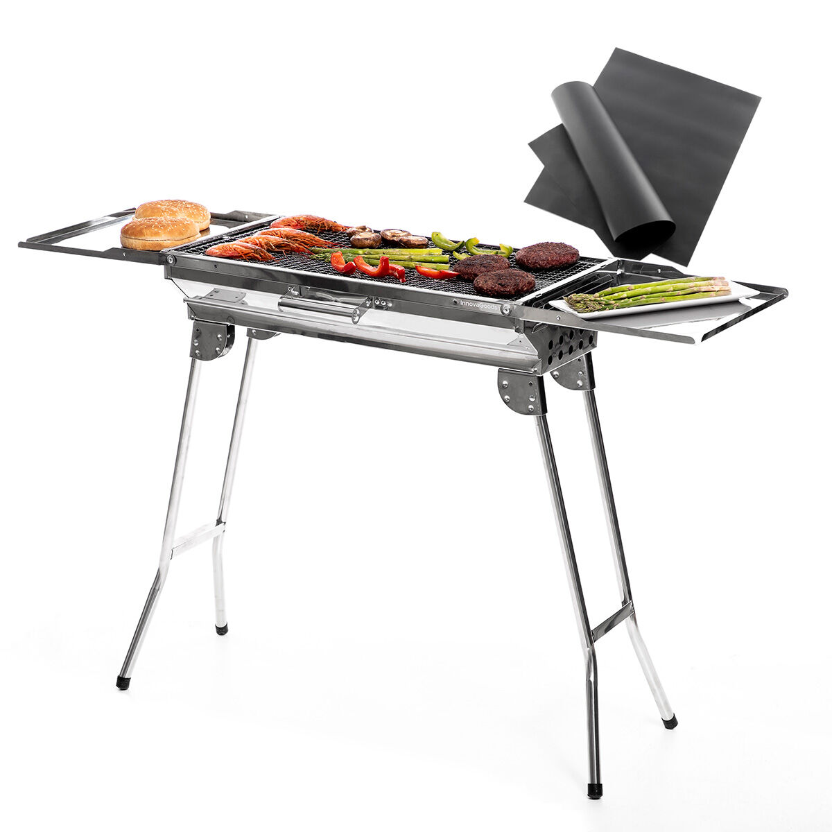 Pack Zusammenklappbarer Holzkohlegrill aus Edelstahl und Grill- und Backmatte InnovaGoods