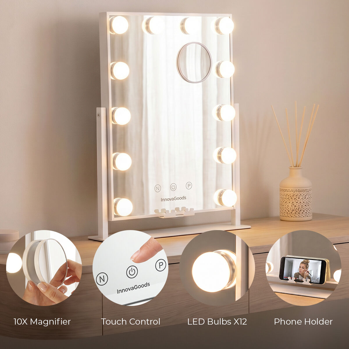 Neigbarer LED-Schminkspiegel Hollywood Glarisse InnovaGoods 12 Glühbirnen - Thumbnail 6