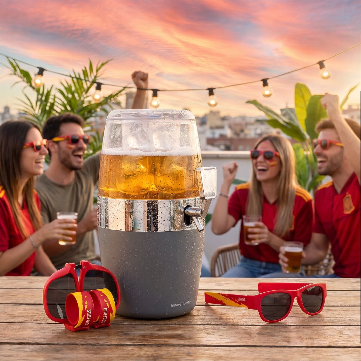 Set Bier-Spender mit Kühlung InnovaGoods und 2 faltbare Sonnenbrillen Sunfold Spain Red - Thumbnail 2